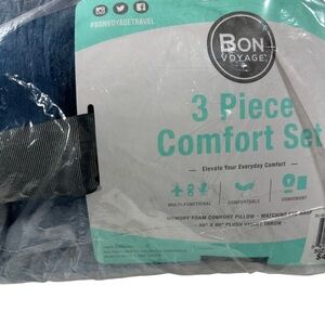 Bon Voyage 3pc Set Navy Neck Pillow Eye Mask Light Blue Plush Throw 50x60” NWT